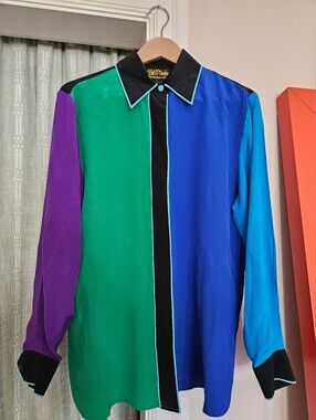 Bob Mackie 100% Silk Button Down Shirt Vibrant Colorblock Vintage 80s 90s sz S